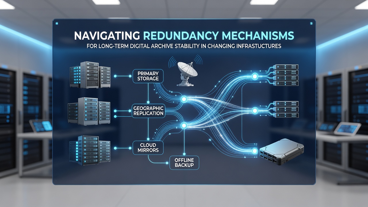Technicians managing tape library and cloud replication for long-term digital preservation