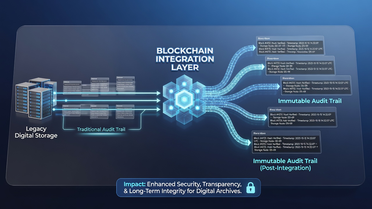 Example of distributed ledger nodes securing archive metadata over time